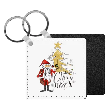 Santa Claus gold, Μπρελόκ Δερματίνη, τετράγωνο ΜΑΥΡΟ (5x5cm)