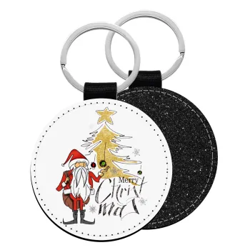 Santa Claus gold, Μπρελόκ Δερματίνη, στρογγυλό ΜΑΥΡΟ (5cm)