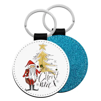 Santa Claus gold, Μπρελόκ Δερματίνη, στρογγυλό ΜΠΛΕ (5cm)