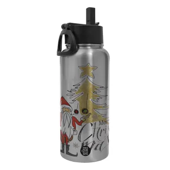 Santa Claus gold, Metal mug thermo Silver with Straw and Spout Lid (Stainless steel), double wall, 950ml