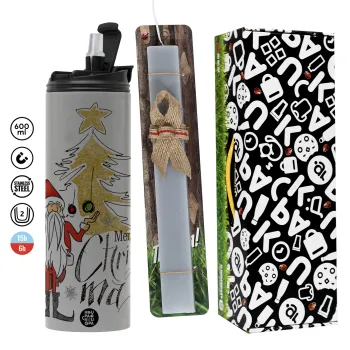 Santa Claus gold, Πασχαλινή Λαμπάδα με Travel Tumbler θερμό (600ml, BPA free) & κερί αρωματικό πλακέ (30cm) (ΓΚΡΙ)