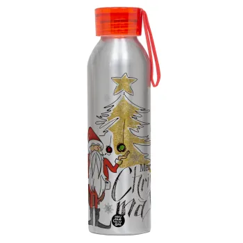 Santa Claus gold, Αλουμινένιο Αθλητικό Μπουκάλι 650ml – Ασημί με Κόκκινο Καπάκι και Λουράκι Σιλικόνης