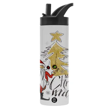 Santa Claus gold, Metallic thermos bottle with straw & handle, stainless steel (Stainless steel 304), double-walled, 600ml.