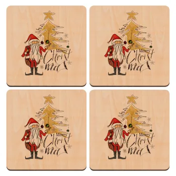 Santa Claus gold, ΣΕΤ x4 Σουβέρ ξύλινα τετράγωνα plywood (9cm)