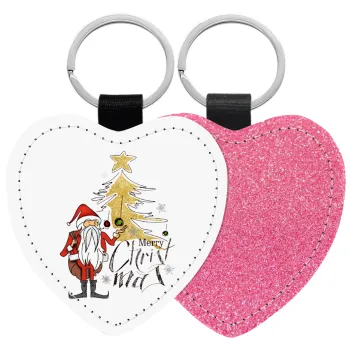 Santa Claus gold, Μπρελόκ PU δερμάτινο glitter καρδιά ΡΟΖ