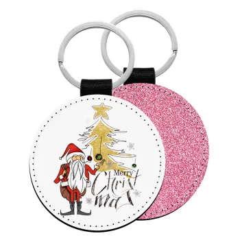 Santa Claus gold, Μπρελόκ Δερματίνη, στρογγυλό ΡΟΖ (5cm)