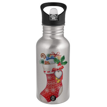 Xmas boot, Water bottle Silver with straw, stainless steel 500ml
