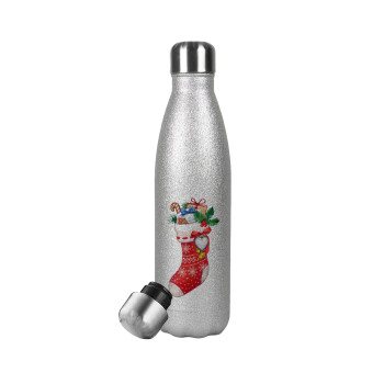 Xmas boot, Metallic Glitter Silver Thermos Flask (Stainless steel), double-walled, 500ml