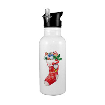 Xmas boot, White water bottle with straw, stainless steel 600ml