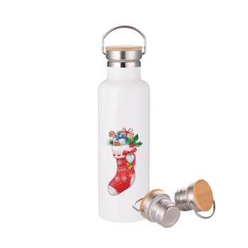 Xmas boot, Stainless steel White with wooden lid (bamboo), double wall, 750ml