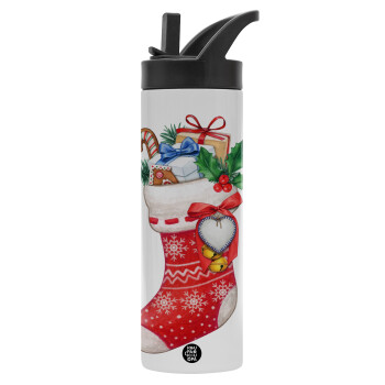 Xmas boot, Μεταλλικό παγούρι θερμός με καλαμάκι & χειρολαβή, ανοξείδωτο ατσάλι (Stainless steel 304), διπλού τοιχώματος, 600ml