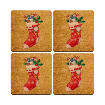 Xmas boot, ΣΕΤ x4 Σουβέρ ξύλινα τετράγωνα plywood (9cm)