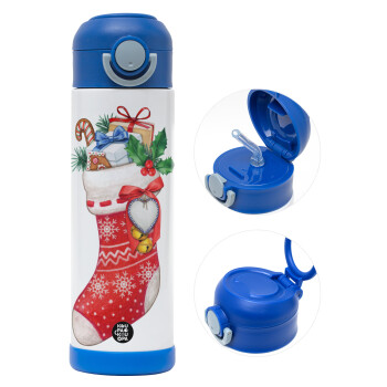 Xmas boot, Children's hot water bottle, stainless steel, with safety straw, BLUE (500ml)
