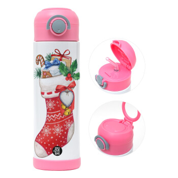 Xmas boot, Children's hot water bottle, stainless steel, with safety straw, PINK (500ml)