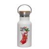Metallic thermos (Stainless steel) White with wooden lid (bamboo), double-walled, 350ml