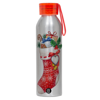 Xmas boot, Aluminum Sports Bottle 650ml – Silver with Red Cap and Silicone Strap