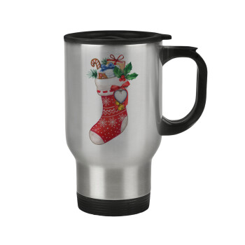 Xmas boot, Stainless steel travel mug with lid, double wall 450ml