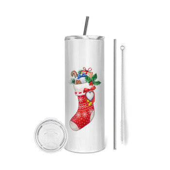 Xmas boot, Tumbler stainless steel 600ml, with metal straw & cleaning brush