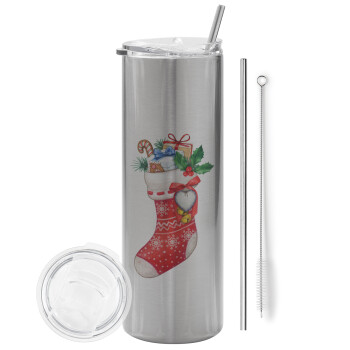 Xmas boot, Eco friendly stainless steel Silver tumbler 600ml, with metal straw & cleaning brush