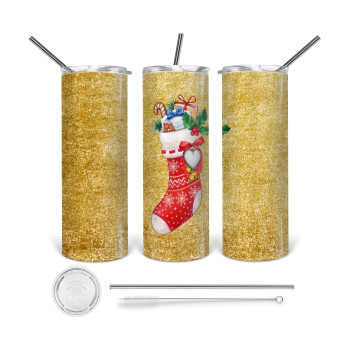 Xmas boot, Tumbler ποτήρι θερμό από ανοξείδωτο ατσάλι 600ml, με μεταλλικό καλαμάκι & βούρτσα καθαρισμού