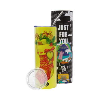 Xmas boot, Neon Yellow Travel Tumbler, with metal straw (Stainless steel 304 Food grade, BPA free, 600ml)
