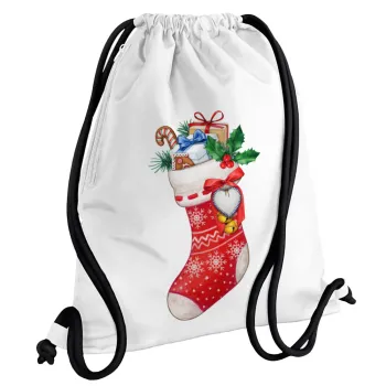 Xmas boot, Backpack pouch GYMBAG white, with pocket (40x48cm) & thick cords