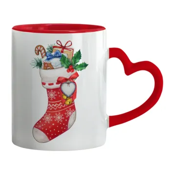 Xmas boot, Κούπα καρδιά χερούλι κόκκινη, κεραμική, 330ml
