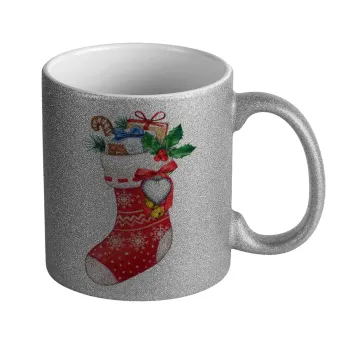 Xmas boot, Κούπα Ασημένια Glitter που γυαλίζει, κεραμική, 330ml
