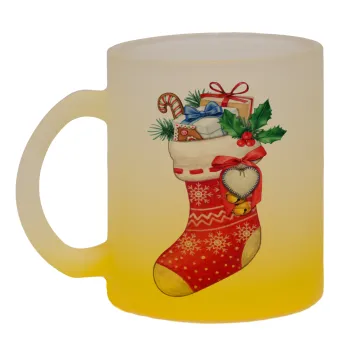 Xmas boot, Κούπα γυάλινη δίχρωμη με βάση το κίτρινο ματ, 330ml
