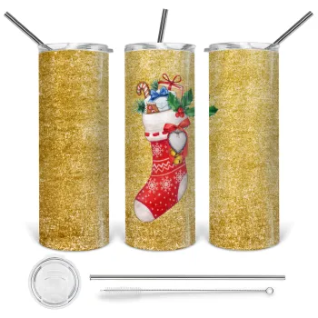 Xmas boot, Tumbler ποτήρι θερμό από ανοξείδωτο ατσάλι 600ml, με μεταλλικό καλαμάκι & βούρτσα καθαρισμού