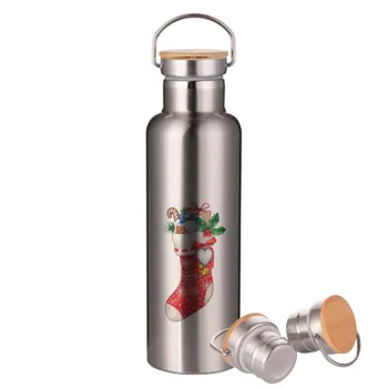 Xmas boot, Stainless steel Silver with wooden lid (bamboo), double wall, 750ml
