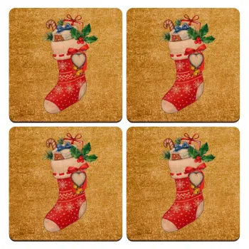 Xmas boot, ΣΕΤ x4 Σουβέρ ξύλινα τετράγωνα plywood (9cm)