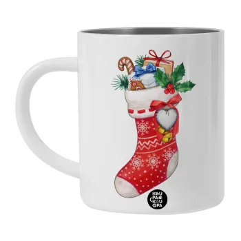 Xmas boot, Λευκή Ανοξείδωτη Μεταλλική Κούπα 450ml - Διπλού Τοιχώματος 