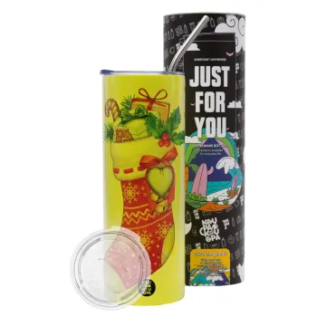 Xmas boot, Neon Yellow Travel Tumbler θερμό, μεταλλικό καλαμάκι(Ανωξείδωτο 304 Food grade, BPA free, 600ml)