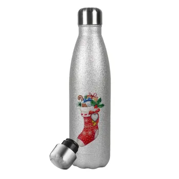 Xmas boot, Metallic Glitter Silver Thermos Flask (Stainless steel), double-walled, 500ml