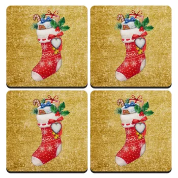 Xmas boot, ΣΕΤ 4 Σουβέρ ξύλινα τετράγωνα (9cm)