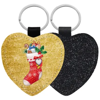 Xmas boot, Μπρελόκ PU δερμάτινο glitter καρδιά ΜΑΥΡΟ