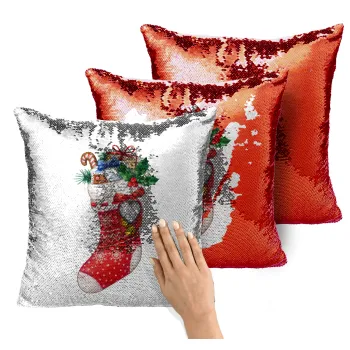 Xmas boot, Μαξιλάρι καναπέ Μαγικό Κόκκινο με πούλιες 40x40cm περιέχεται το γέμισμα