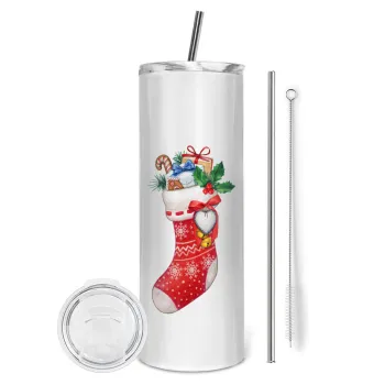 Xmas boot, Tumbler ποτήρι θερμό από ανοξείδωτο ατσάλι 600ml, με μεταλλικό καλαμάκι & βούρτσα καθαρισμού