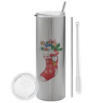 Xmas boot, Tumbler stainless steel Silver 600ml, with metal straw & cleaning brush
