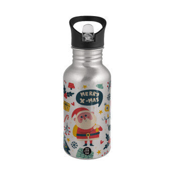 Merry x-mas pattern, Water bottle Silver with straw, stainless steel 500ml