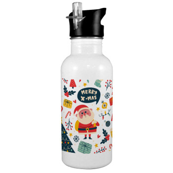Merry x-mas pattern, White water bottle with straw, stainless steel 600ml
