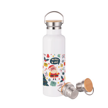 Merry x-mas pattern, Stainless steel White with wooden lid (bamboo), double wall, 750ml