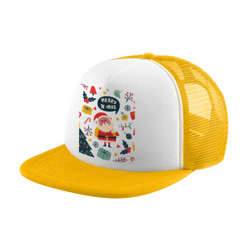 Merry x-mas pattern, Καπέλο παιδικό Soft Trucker με Δίχτυ ΚΙΤΡΙΝΟ/ΛΕΥΚΟ (POLYESTER, ΠΑΙΔΙΚΟ, ONE SIZE)