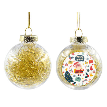 Merry x-mas pattern, Χριστουγεννιάτικη μπάλα δένδρου διάφανη με χρυσό γέμισμα 8cm
