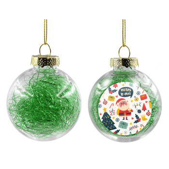 Merry x-mas pattern, Χριστουγεννιάτικη μπάλα δένδρου διάφανη με πράσινο γέμισμα 8cm