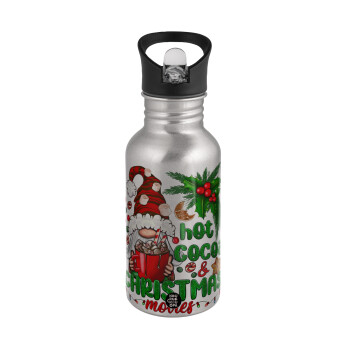 Hot cocoa and Christmas movies, Water bottle Silver with straw, stainless steel 500ml