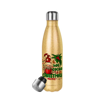 Hot cocoa and Christmas movies, Glitter gold stainless steel thermos bottle, double-walled, 500ml