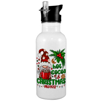 Hot cocoa and Christmas movies, White water bottle with straw, stainless steel 600ml