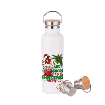 Hot cocoa and Christmas movies, Μεταλλικό παγούρι θερμός (Stainless steel) Λευκό με ξύλινο καπάκι (bamboo), διπλού τοιχώματος, 750ml